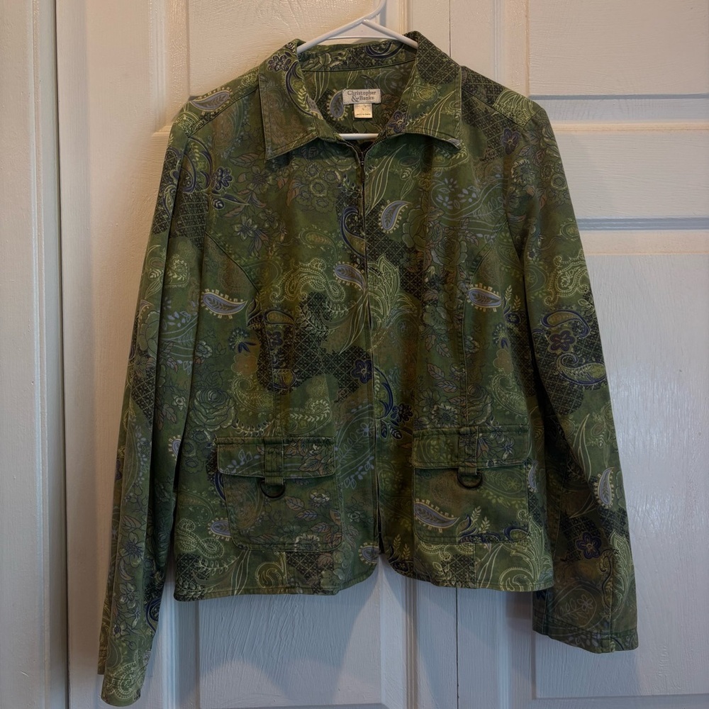 2008 Christopher & Banks Green Zip Up Paisley Long Sleeve Jacket - Size Large